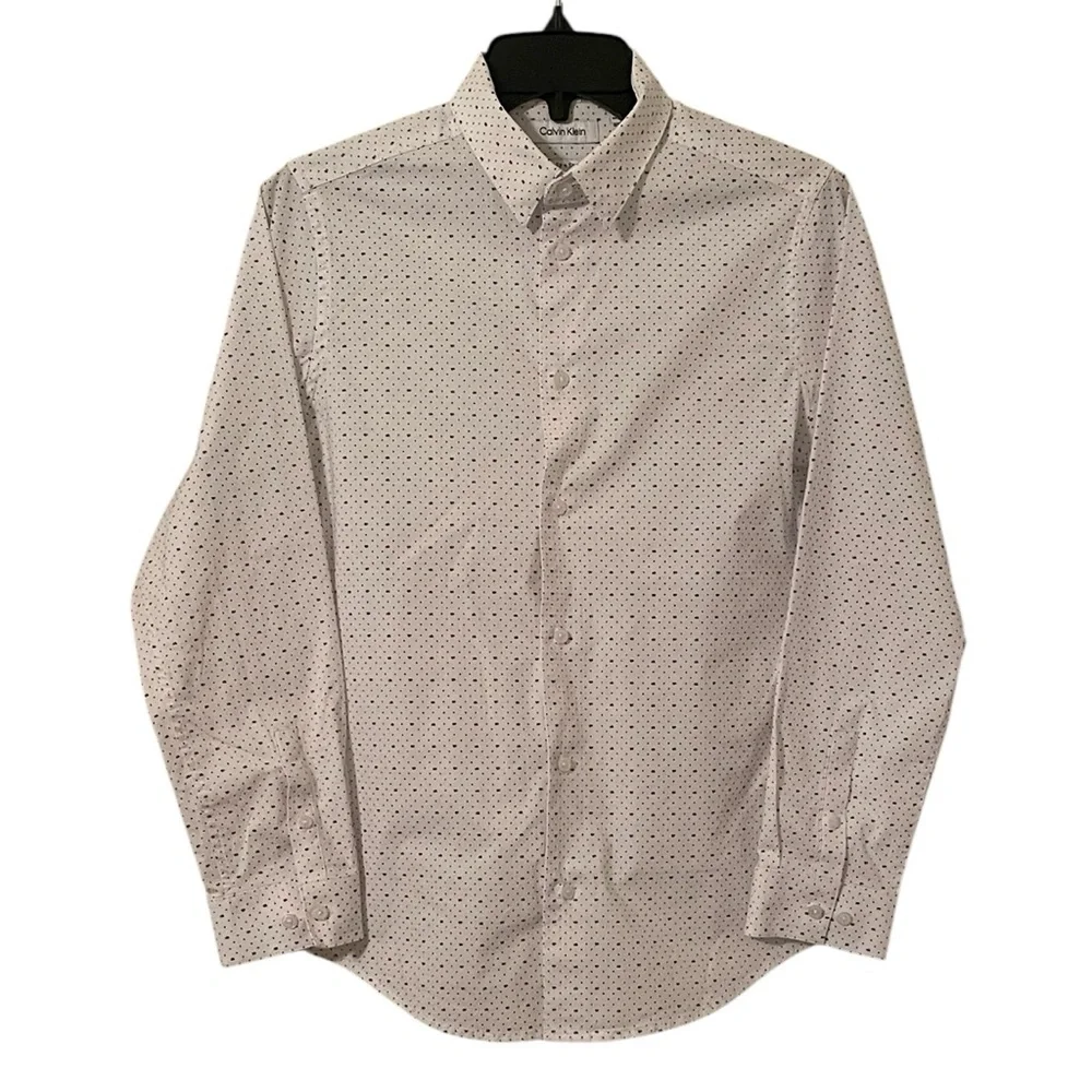 Calvin‎ Klein Boy's White Black CK Logo Slim Stretch Fit Button Up Size 16